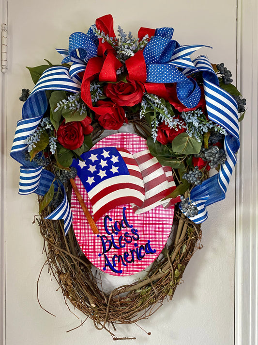 God Bless America Patriotic Wreath with Hand painted Kentucky Home