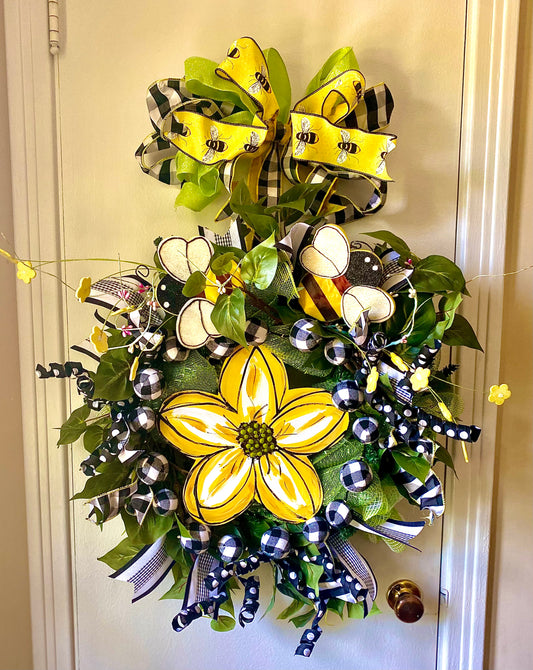 Bumblebee and hand painted Flower Wreath