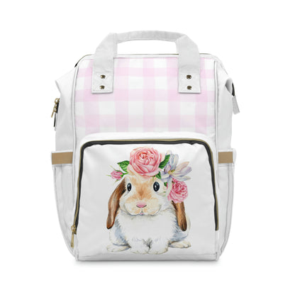 Bunny Flower Crown Pink Checked Multifunctional Diaper Backpack