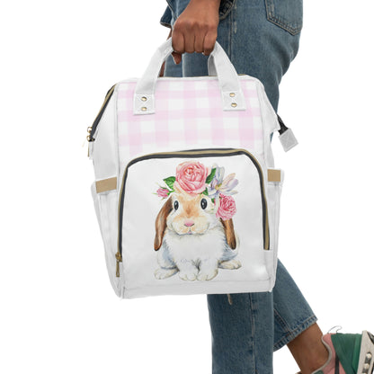 Bunny Flower Crown Pink Checked Multifunctional Diaper Backpack